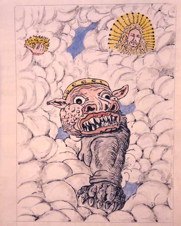 Giorgio de Chirico, L'Apocalisse. Ed ecco un gran drago (1977), litografia acquarellata